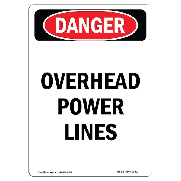 Safety Sign, OSHA Danger, 5" Height, Portrait Overhead Power Lines, Portrait, 10PK